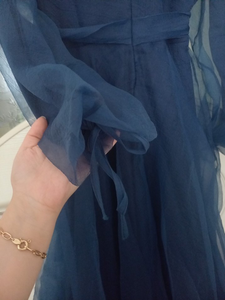 Uzun Lacivert Drapeli Tüllü Kadın Abiye Elbise - Görsel 2