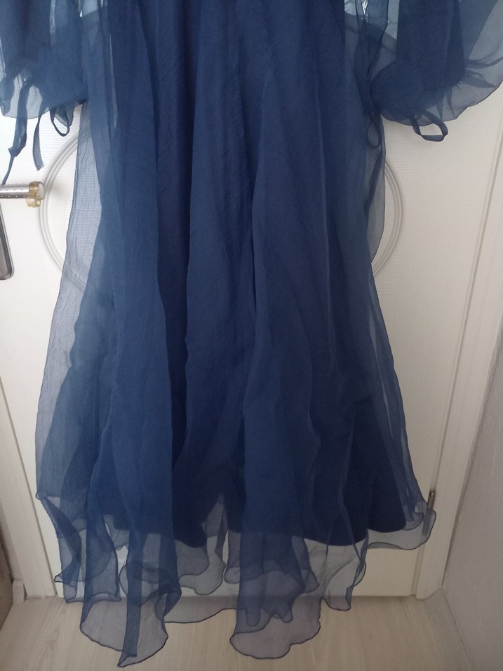 Uzun Lacivert Drapeli Tüllü Kadın Abiye Elbise - Görsel 5