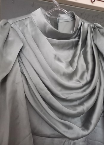 Gri Uzun Kollu Drapeli Kadın Abiye Elbise - Görsel 4