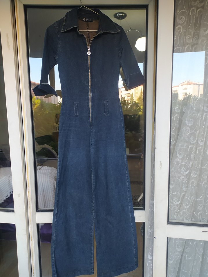 Kadın Lacivert Denim Uzun Tulum - Görsel 3