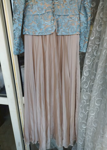 Uzun Kollu Bej Ve Gri Nakışlı Vintage Kadın Elbise - Görsel 4