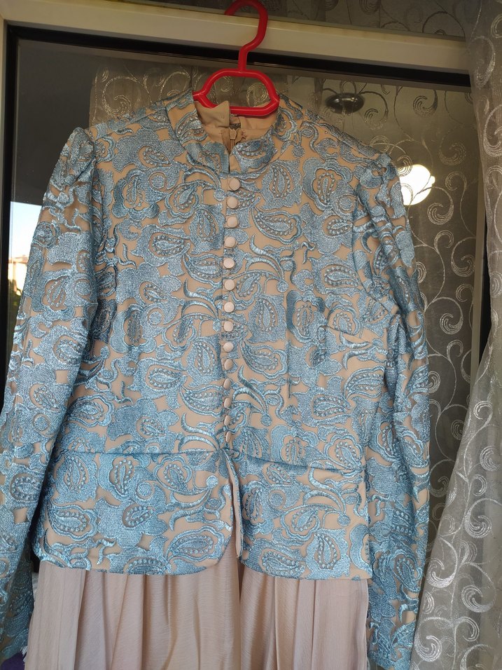 Uzun Kollu Bej Ve Gri Nakışlı Vintage Kadın Elbise - Görsel 3