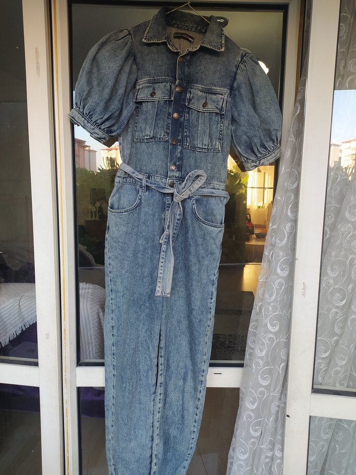 Kemerli Gri Batik Desenli Denim Tulum - Görsel 3