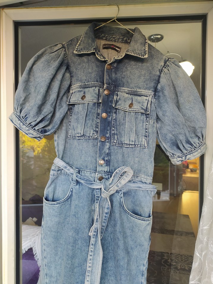 Kemerli Gri Batik Desenli Denim Tulum - Görsel 2