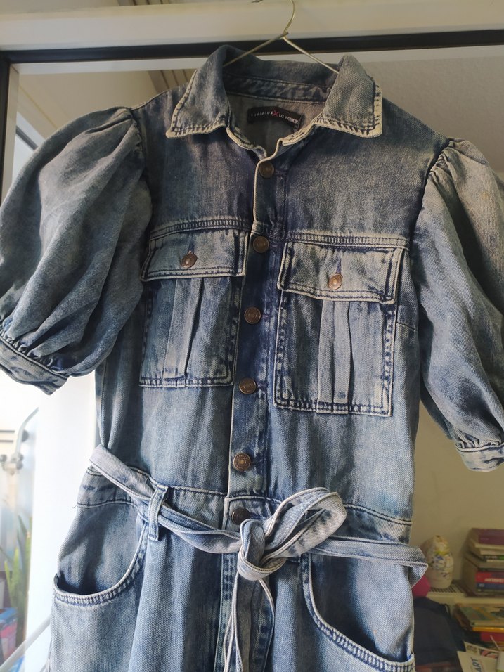 Kemerli Gri Batik Desenli Denim Tulum - Görsel 4