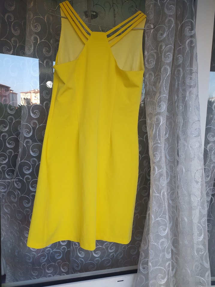 Sarı V Yaka Drapeli Midi Elbise - Görsel 2