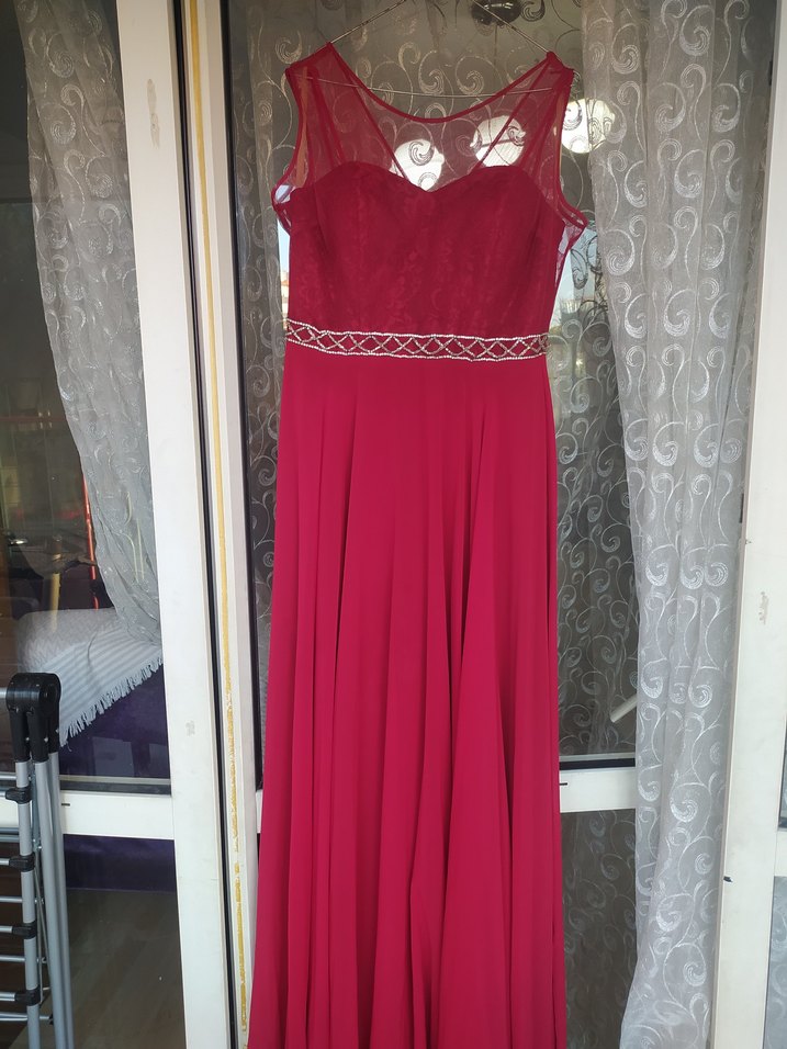 Bordo Uzun Abiye Elbise V Yaka Drapeli - Görsel 3