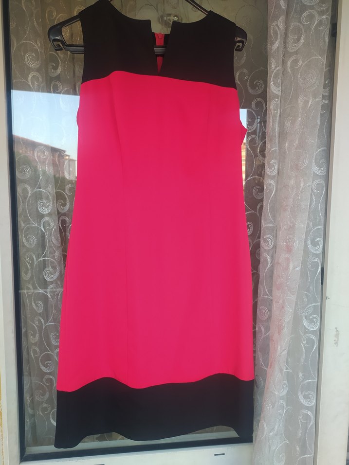 Pembe Siyah Midi Elbise V Yakalı Drapeli - Görsel 3