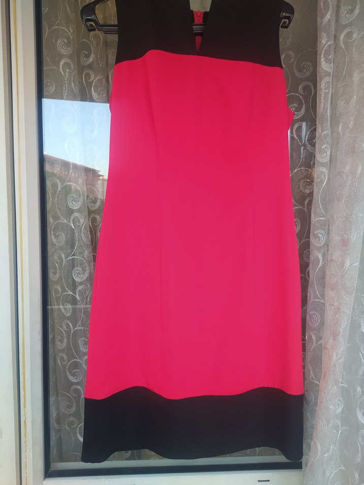 Pembe Siyah Midi Elbise V Yakalı Drapeli - Görsel 2