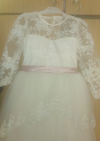 Beyaz Dantelli Uzun Kollu Kız Çocuk Elbisesi - Görsel 3