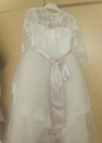 Beyaz Dantelli Uzun Kollu Kız Çocuk Elbisesi - Görsel 4