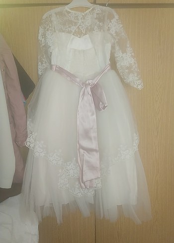 Beyaz Dantelli Uzun Kollu Kız Çocuk Elbisesi - Görsel 5