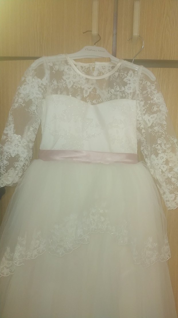 Beyaz Dantelli Uzun Kollu Kız Çocuk Elbisesi - Görsel 3