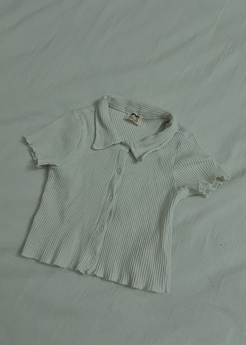 Kızlar İçin fitilli Kumaşlı Beyaz Kısa Kollu Crop Gömlek