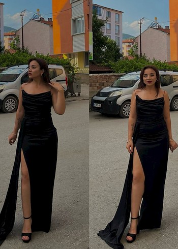 Siyah Drapeli Uzun Abiye Elbise