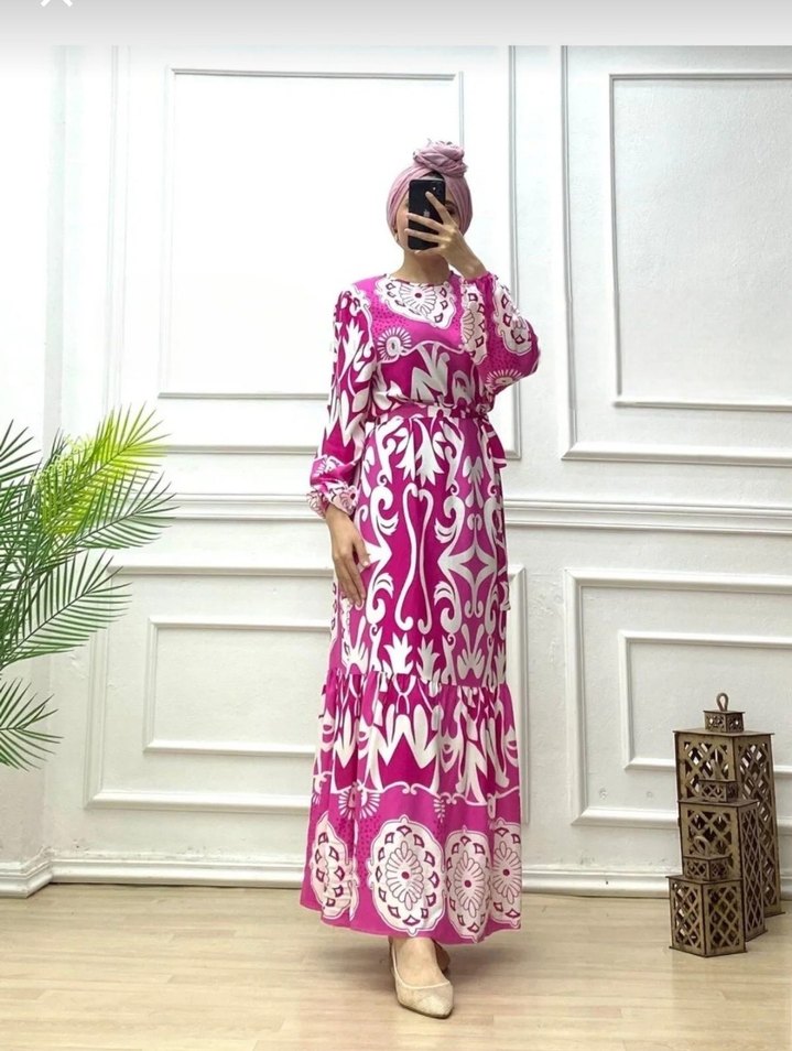 Dantel Detaylı Pembe Uzun Bohem Elbise - Görsel 2