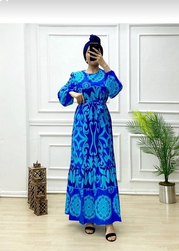 Mavi Batik Desenli Uzun Bohem Elbise - Görsel 2