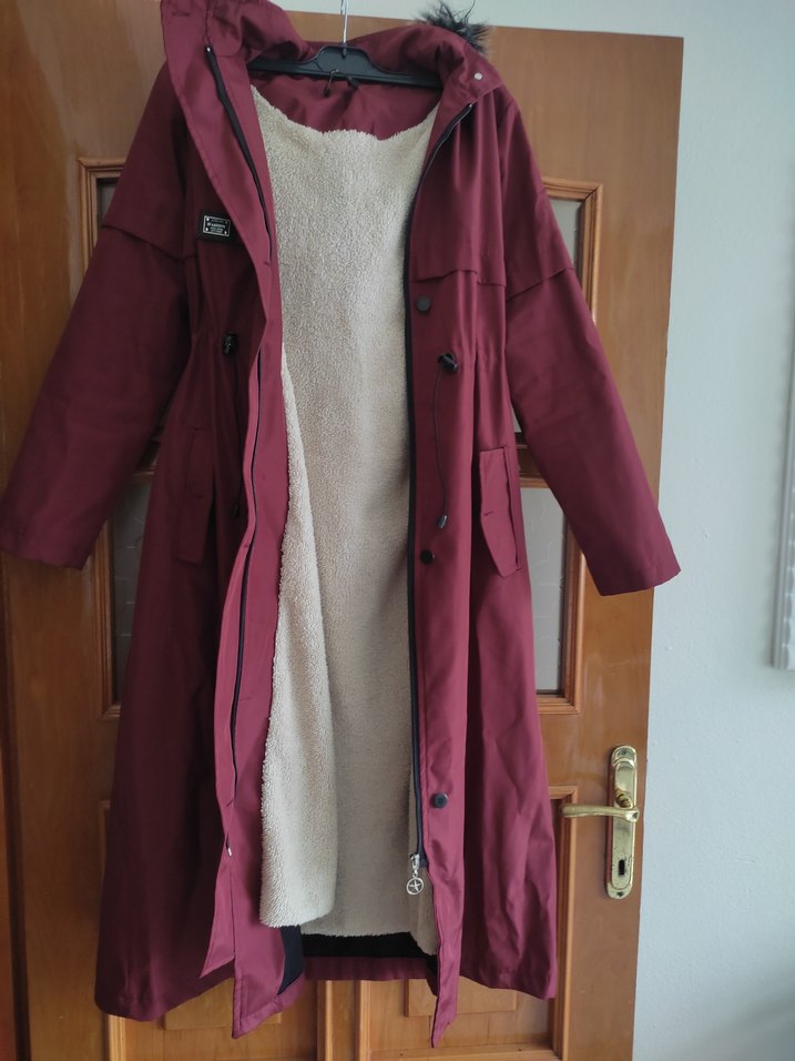 Bordo Uzun Düğmeli Kadın Kaban - Görsel 2