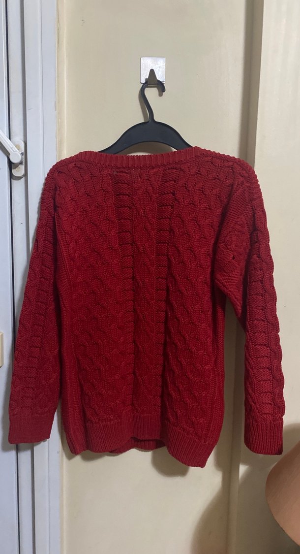 Koyu Kırmızı Örgü Bohem Kadın Kazak - Görsel 2