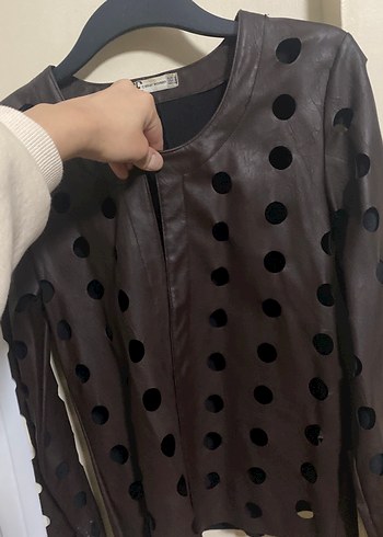 Delikli  Kahverengi Deri Kadın Ceket - Görsel 3