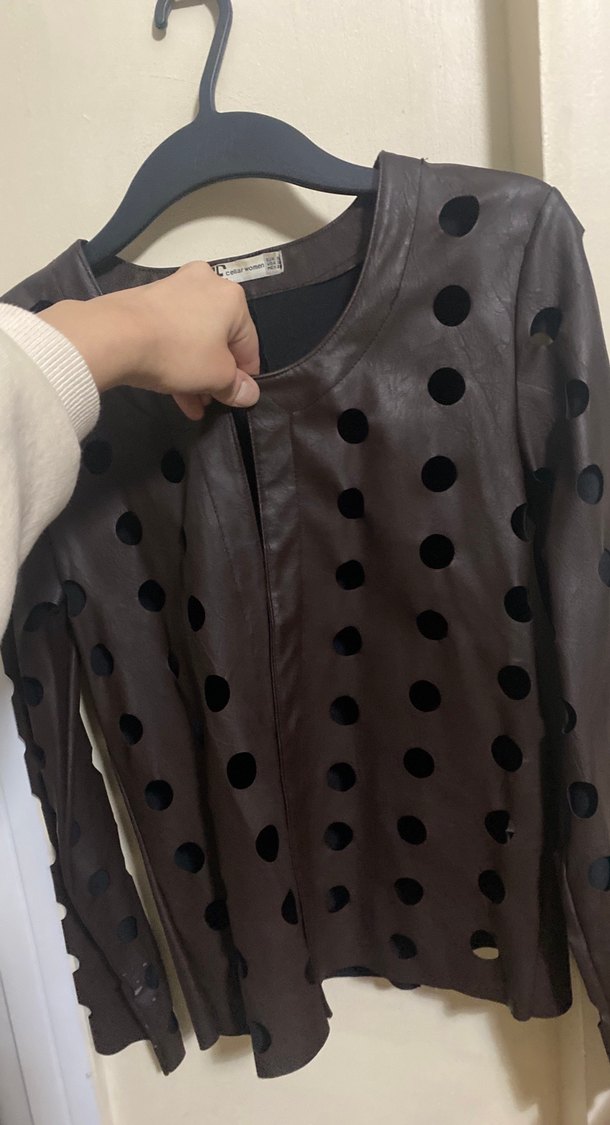 Delikli  Kahverengi Deri Kadın Ceket - Görsel 3