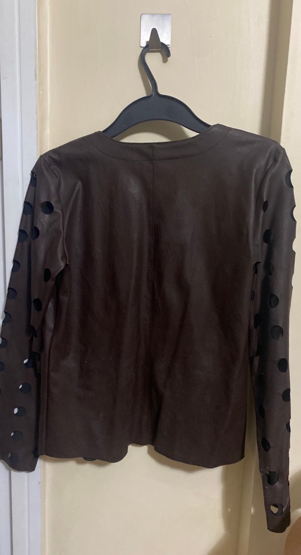 Delikli  Kahverengi Deri Kadın Ceket - Görsel 2