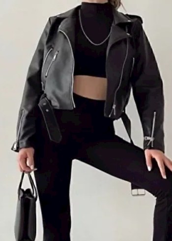 Diğer Siyah Kemerli Biker Deri Ceket