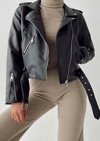 Siyah Kemerli Biker Deri Ceket