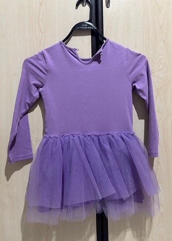 Mor Uzun Kollu Kız Elbisesi Tül Etekli - Görsel 2