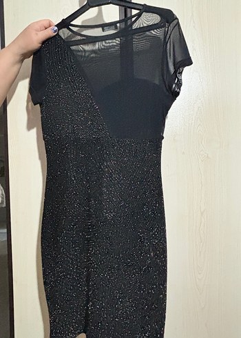 Siyah Parlak Mini V Yakalı Kadın Elbise - Görsel 3