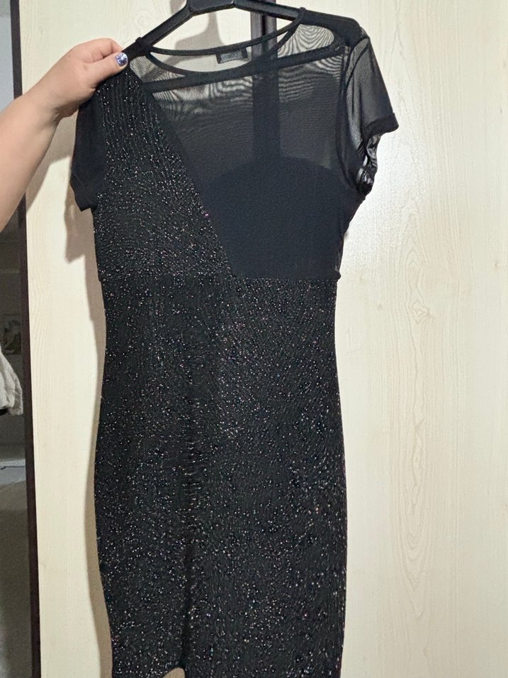 Siyah Parlak Mini V Yakalı Kadın Elbise - Görsel 3