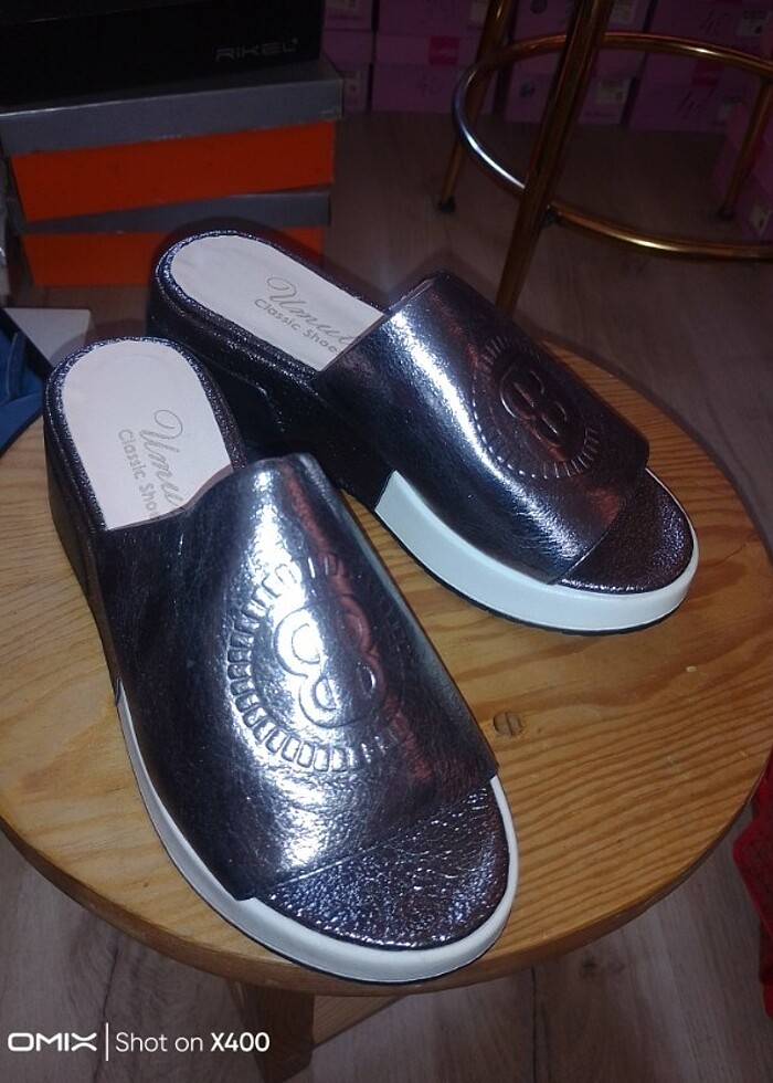 Gerçek deri dolgu topuklu metalik rengi platform ayakkabı - Görsel 4