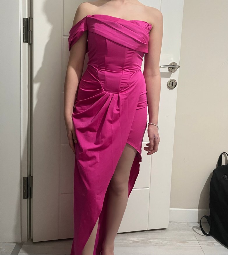 Pembe Drapeli Uzun Straplez Abiye Elbise - Görsel 2