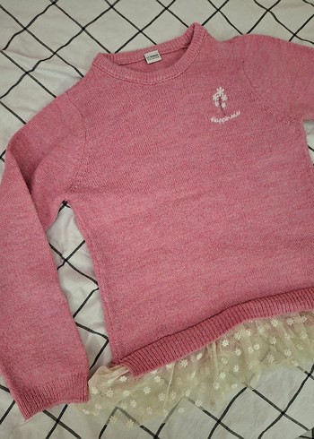 Pembe Nakışlı Kız Çocuk Triko Kazak