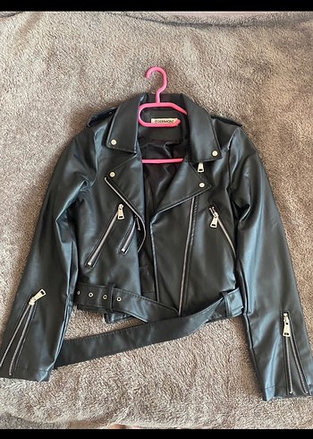 Siyah Deri Biker Ceket