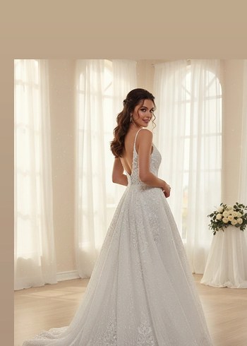 V Yaka Beyaz A Kesim Uzun Gelinlik36 beden - Görsel 3