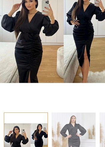 Siyah V Yaka Uzun Kollu Drapeli Kadın Elbise s beden - Görsel 3