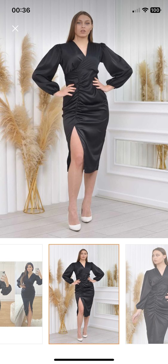 Siyah V Yaka Uzun Kollu Drapeli Kadın Elbise s beden - Görsel 2