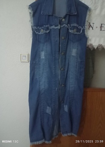 Uzun Kesim Düğmeli Mavi Denim Yelek - Görsel 3