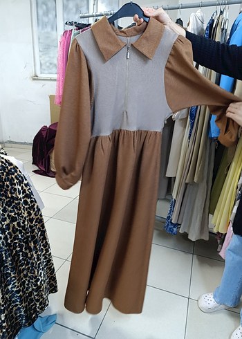 Uzun Kollu, Fermuarlı Kahverengi Kadın Elbise
