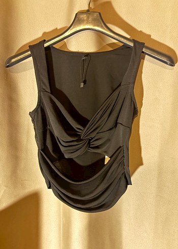 s Beden Siyah Drapeli V Yaka Mini Crop Top