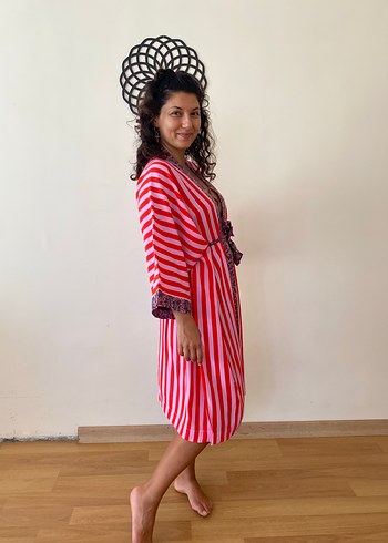 universal Beden pembe Renk Uzun, Kol Kesim, Pembe Çizgili Bohem Kadın Kimono