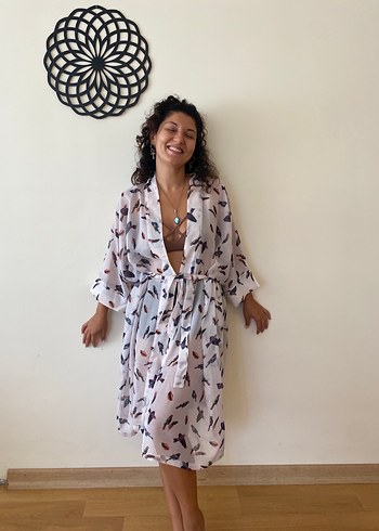 Uzun, Salaş, Beyaz Kuş Desenli Kadın Kimono