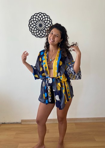 Diğer Renkli Desenli Kısa Bohem Kimono