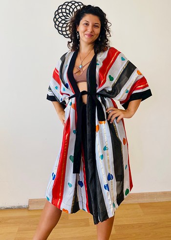 Renkli Bağlamalı Uzun Bohem Kimono