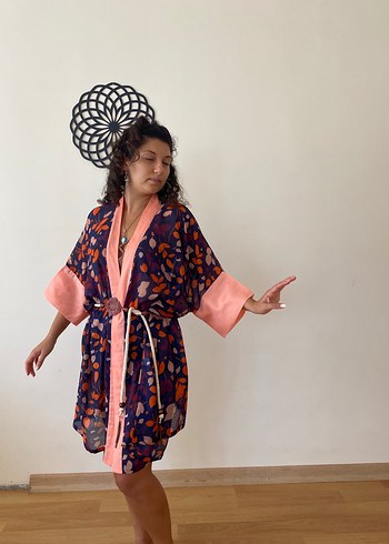 universal Beden Renkli Çiçek Desenli Bohem Kadın Kimono
