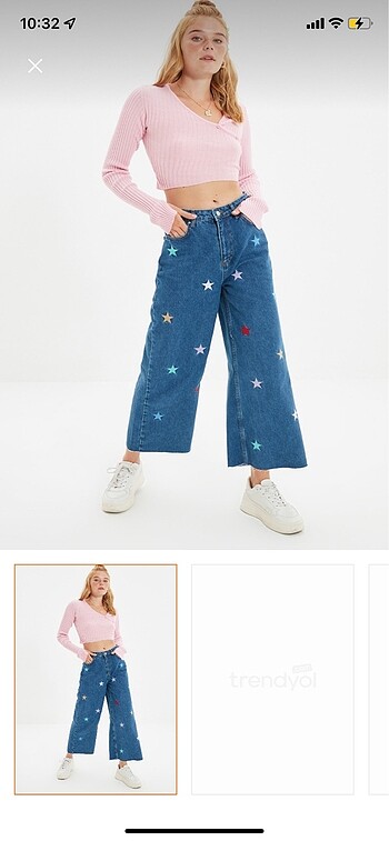 Mavi Yıldız Nakış İşlemeli Yüksek Bel Culotte Jeans ve Mavi Çant