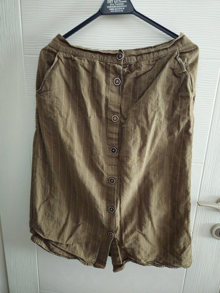 Koton 42 beden,düğmeli Haki Keten Kadın Etek - Görsel 3