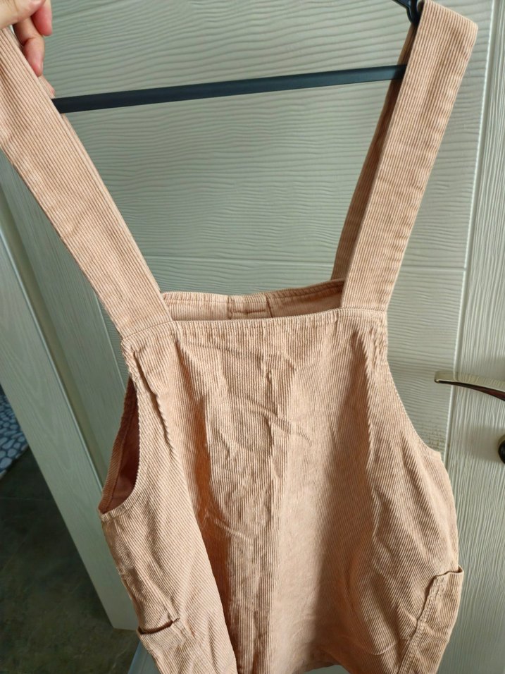 Kadife Düğmeli Bej Slopet Elbise - Görsel 3