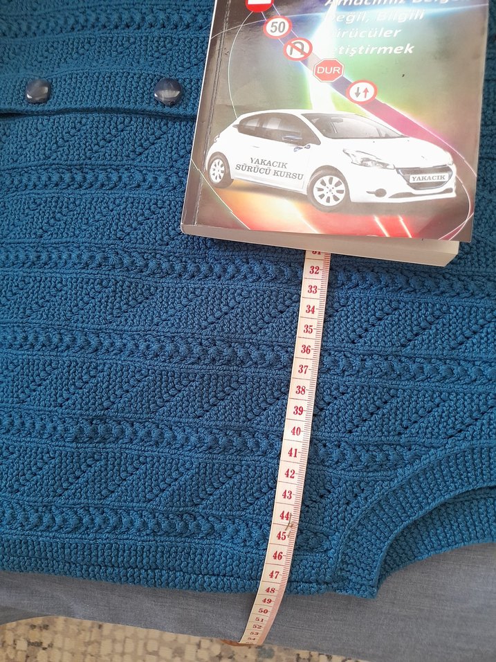 sıfır petrol mavisi ince ip ince şiş nako el örgüsü yelek - Görsel 3